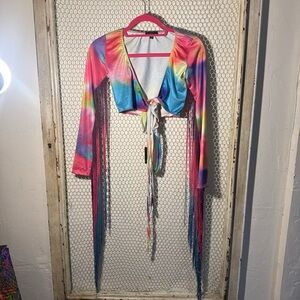 Colorful Tie-Dye Fringe Crop Top dollskill fringe rainbow